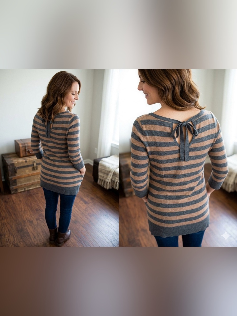 {LOFT} Striped Knit Tunic Sweater Dress Small Tie Back Pockets Gray Brown Wool